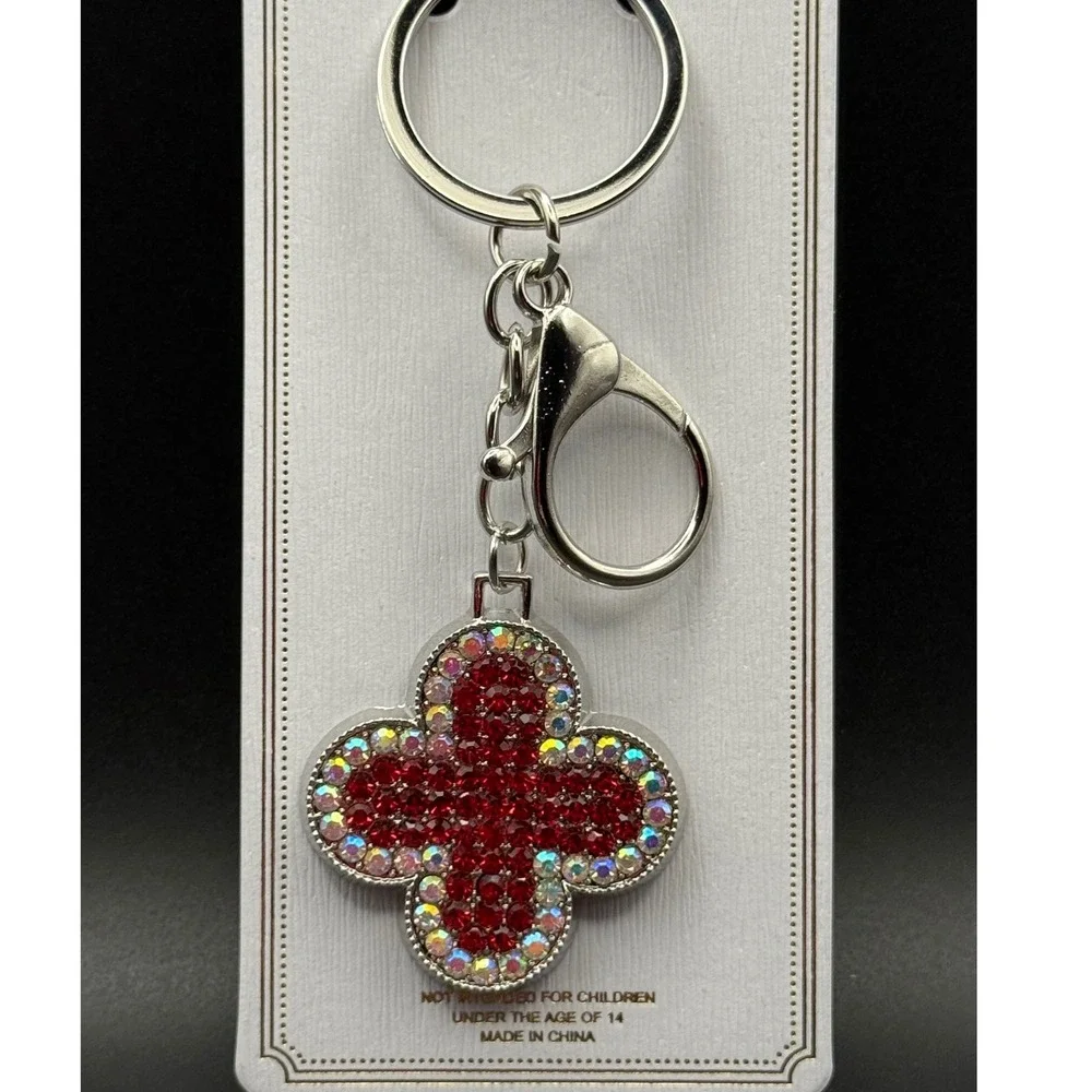 Rhinestone Red Cross Clover Keychain‎ Crystal Bag Charm Silver Gold Tone Bling